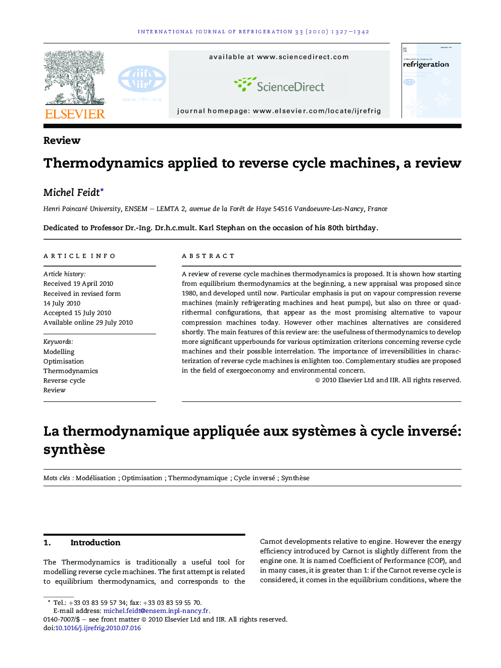 Thermodynamics applied to reverse cycle machines, a review