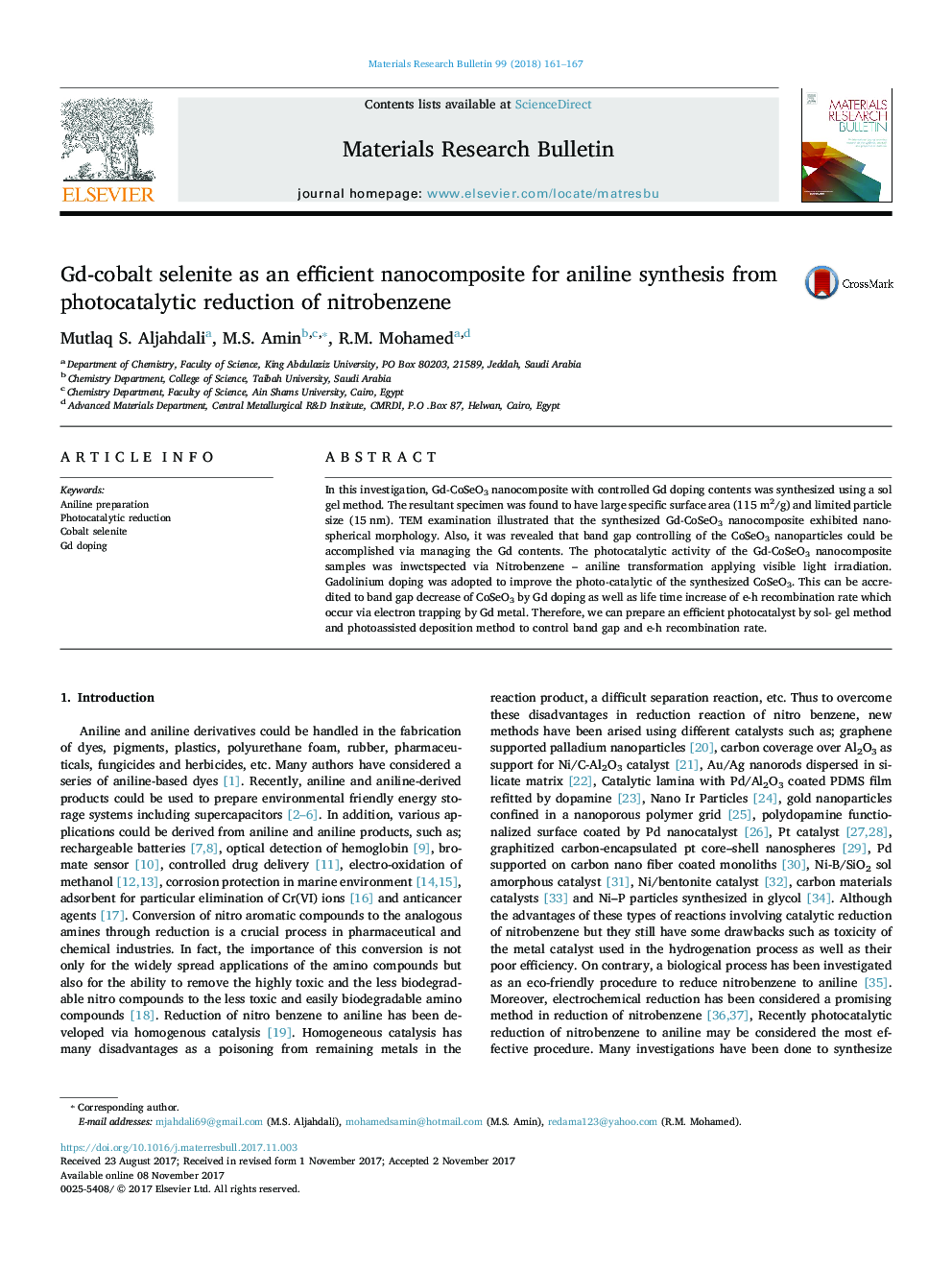 Gd-cobalt selenite as an efficient nanocomposite for aniline synthesis from photocatalytic reduction of nitrobenzene