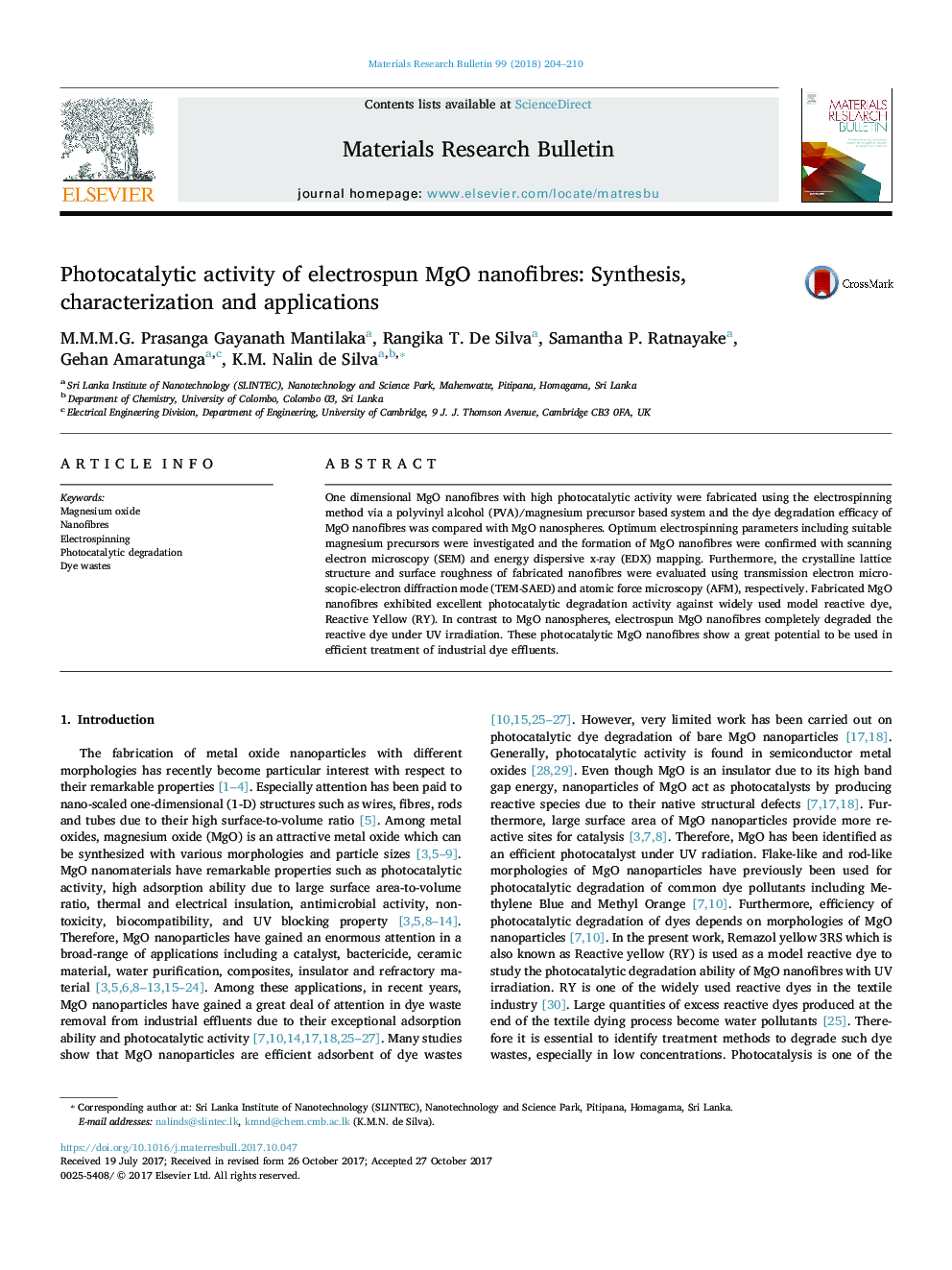 Photocatalytic activity of electrospun MgO nanofibres: Synthesis, characterization and applications