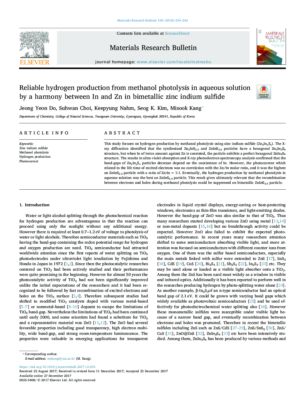 Reliable hydrogen production from methanol photolysis in aqueous solution by a harmony between In and Zn in bimetallic zinc indium sulfide