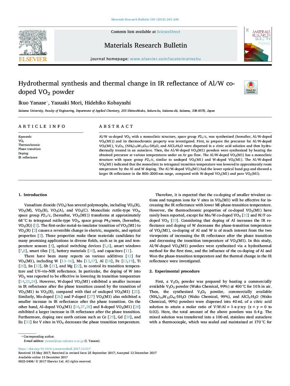 Hydrothermal synthesis and thermal change in IR reflectance of Al/W co-doped VO2 powder