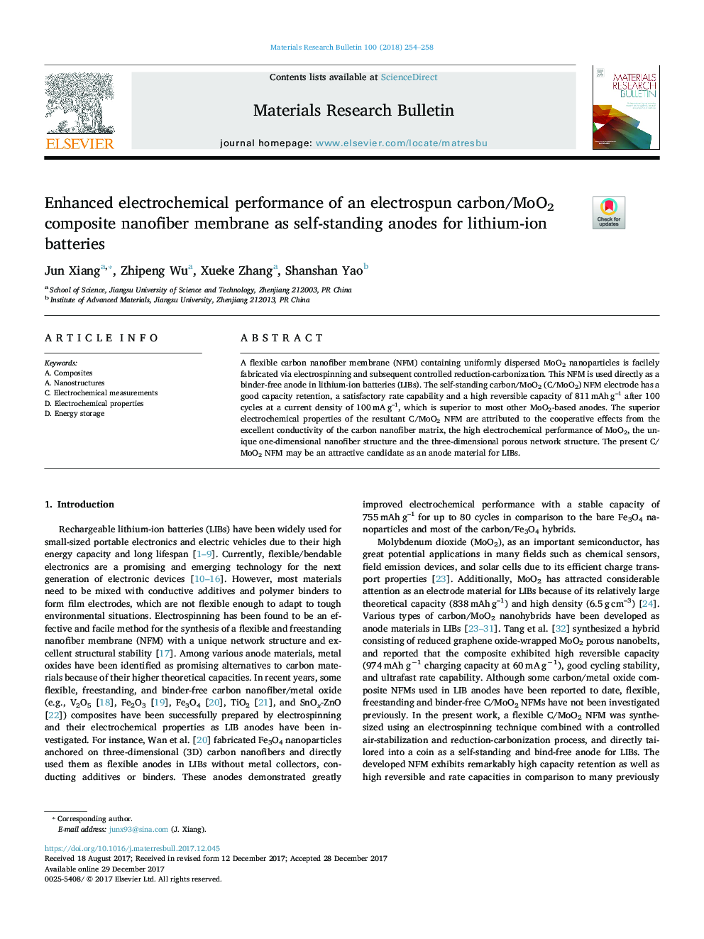 Enhanced electrochemical performance of an electrospun carbon/MoO2 composite nanofiber membrane as self-standing anodes for lithium-ion batteries