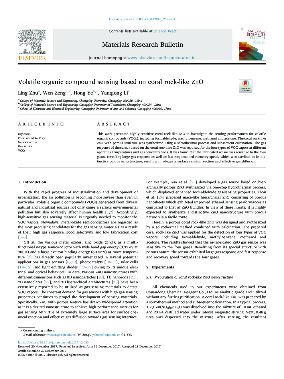 Volatile organic compound sensing based on coral rock-like ZnO