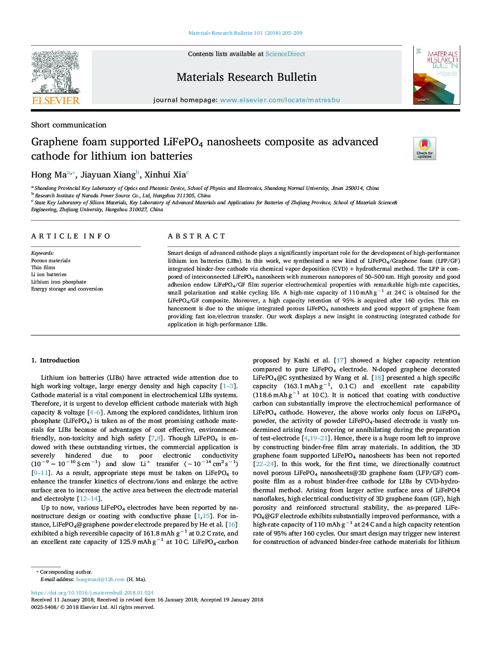 Graphene foam supported LiFePO4 nanosheets composite as advanced cathode for lithium ion batteries