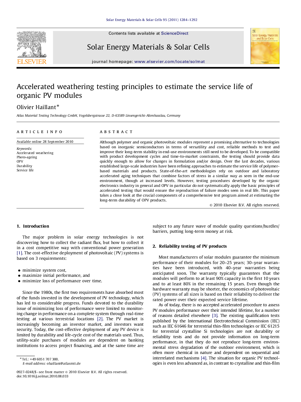 Accelerated weathering testing principles to estimate the service life of organic PV modules