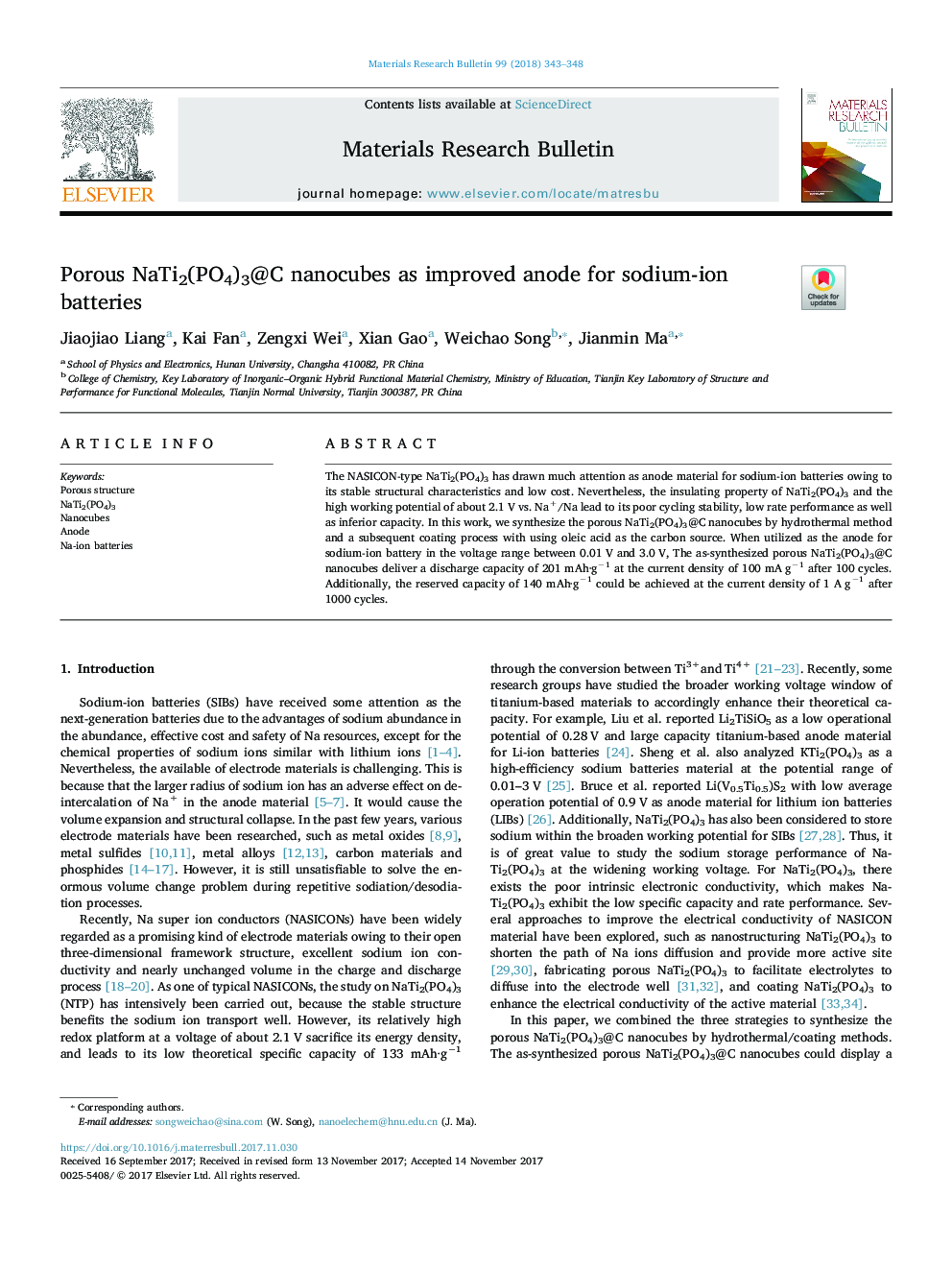 Porous NaTi2(PO4)3@C nanocubes as improved anode for sodium-ion batteries