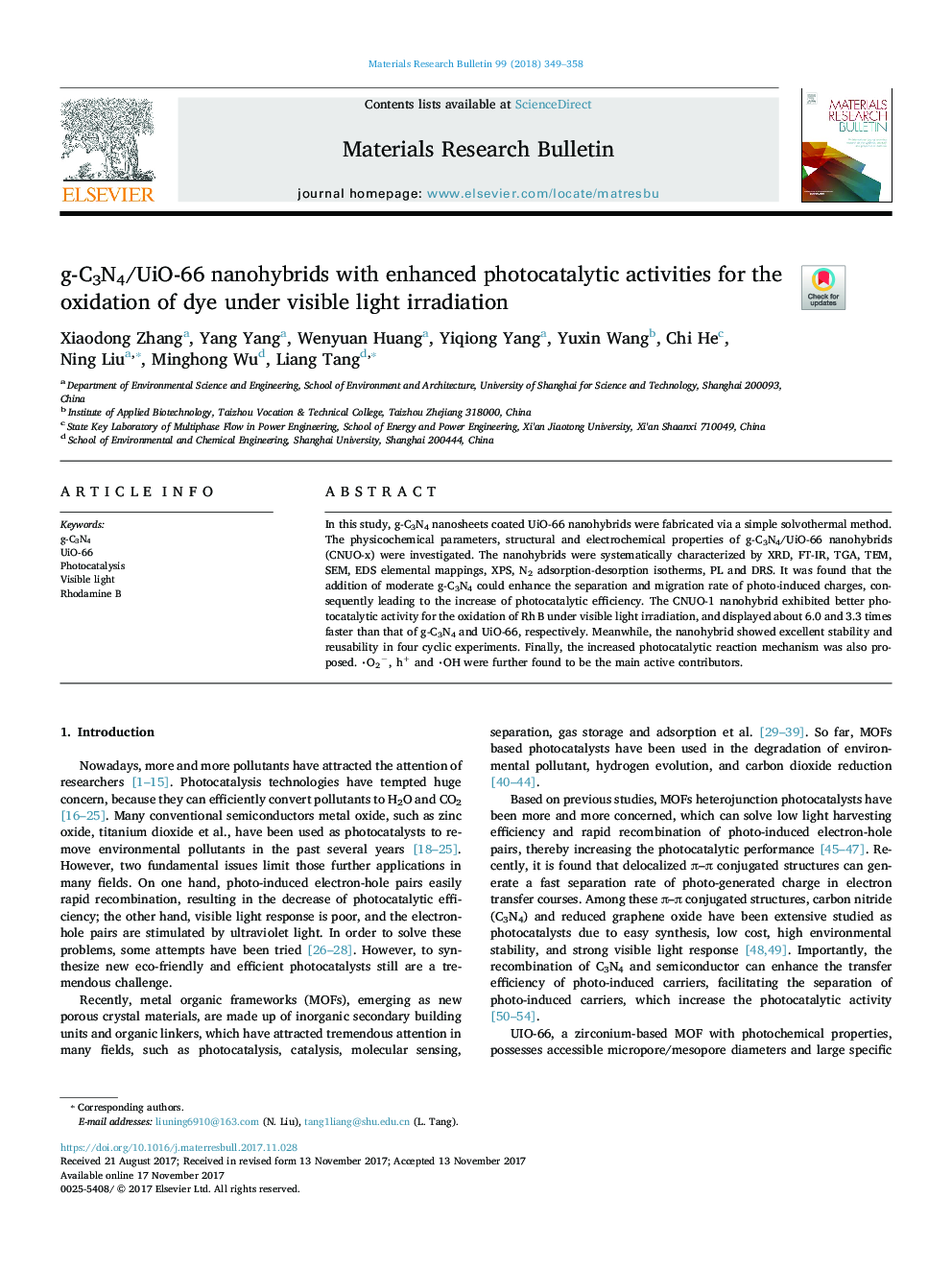 g-C3N4/UiO-66 nanohybrids with enhanced photocatalytic activities for the oxidation of dye under visible light irradiation