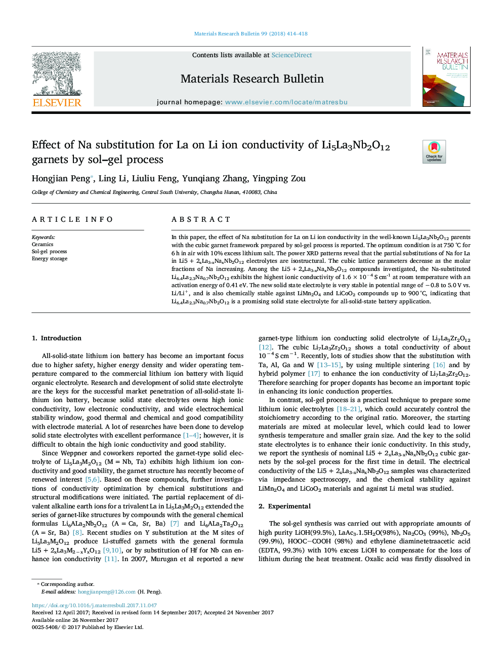 Effect of Na substitution for La on Li ion conductivity of Li5La3Nb2O12 garnets by sol-gel process