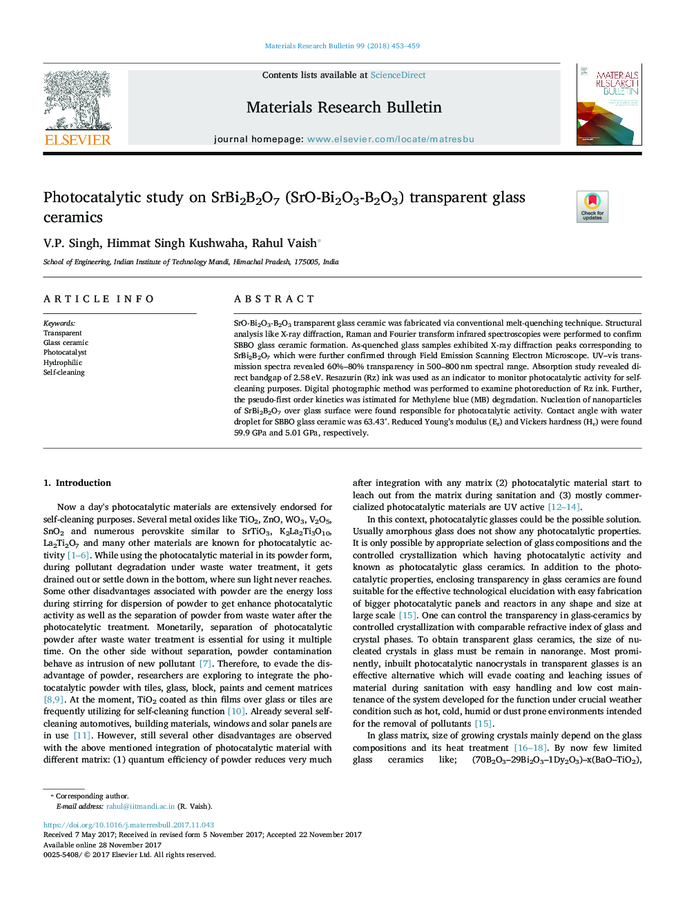 Photocatalytic study on SrBi2B2O7 (SrO-Bi2O3-B2O3) transparent glass ceramics