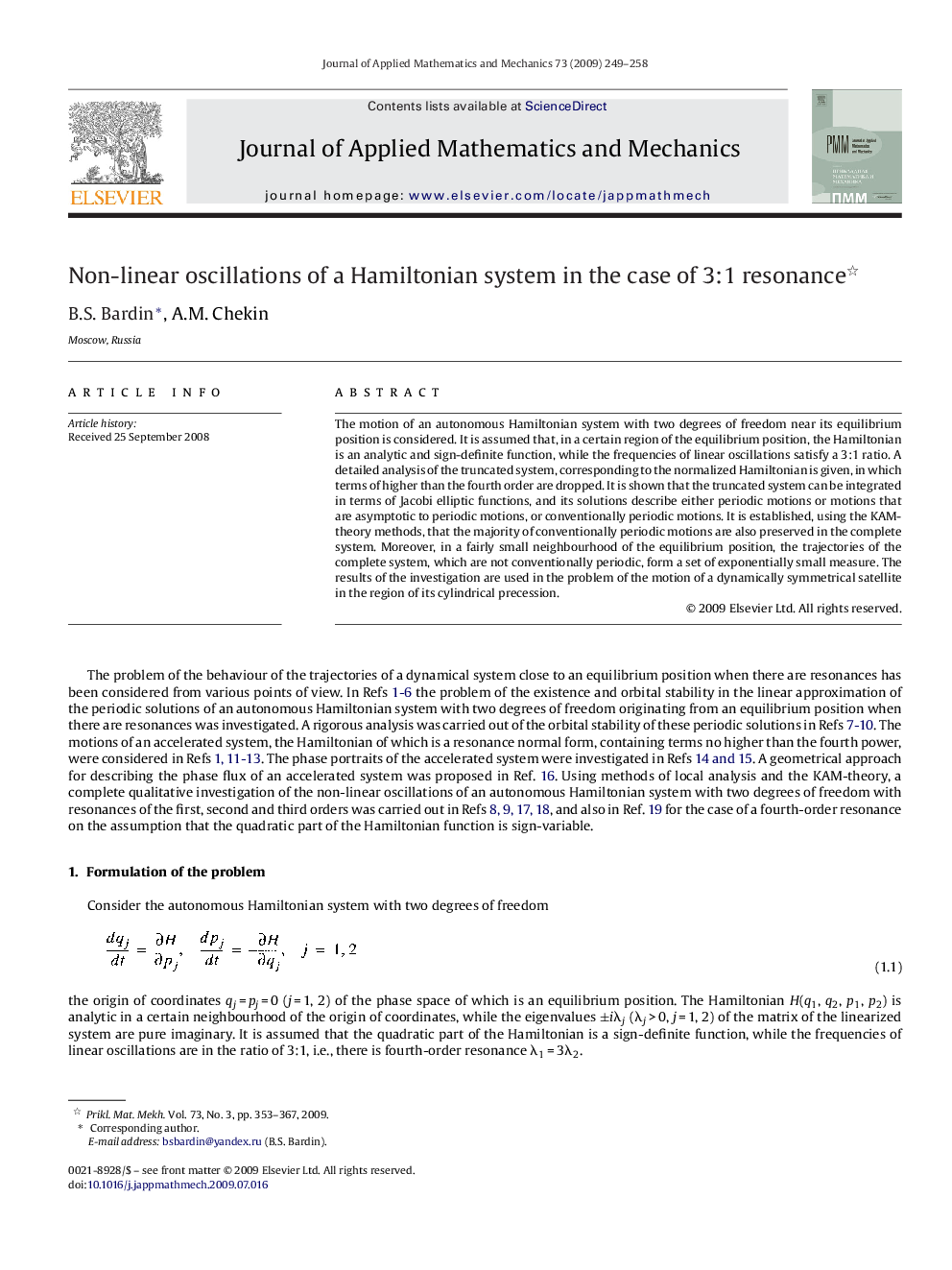 Non-linear oscillations of a Hamiltonian system in the case of 3:1 resonance 