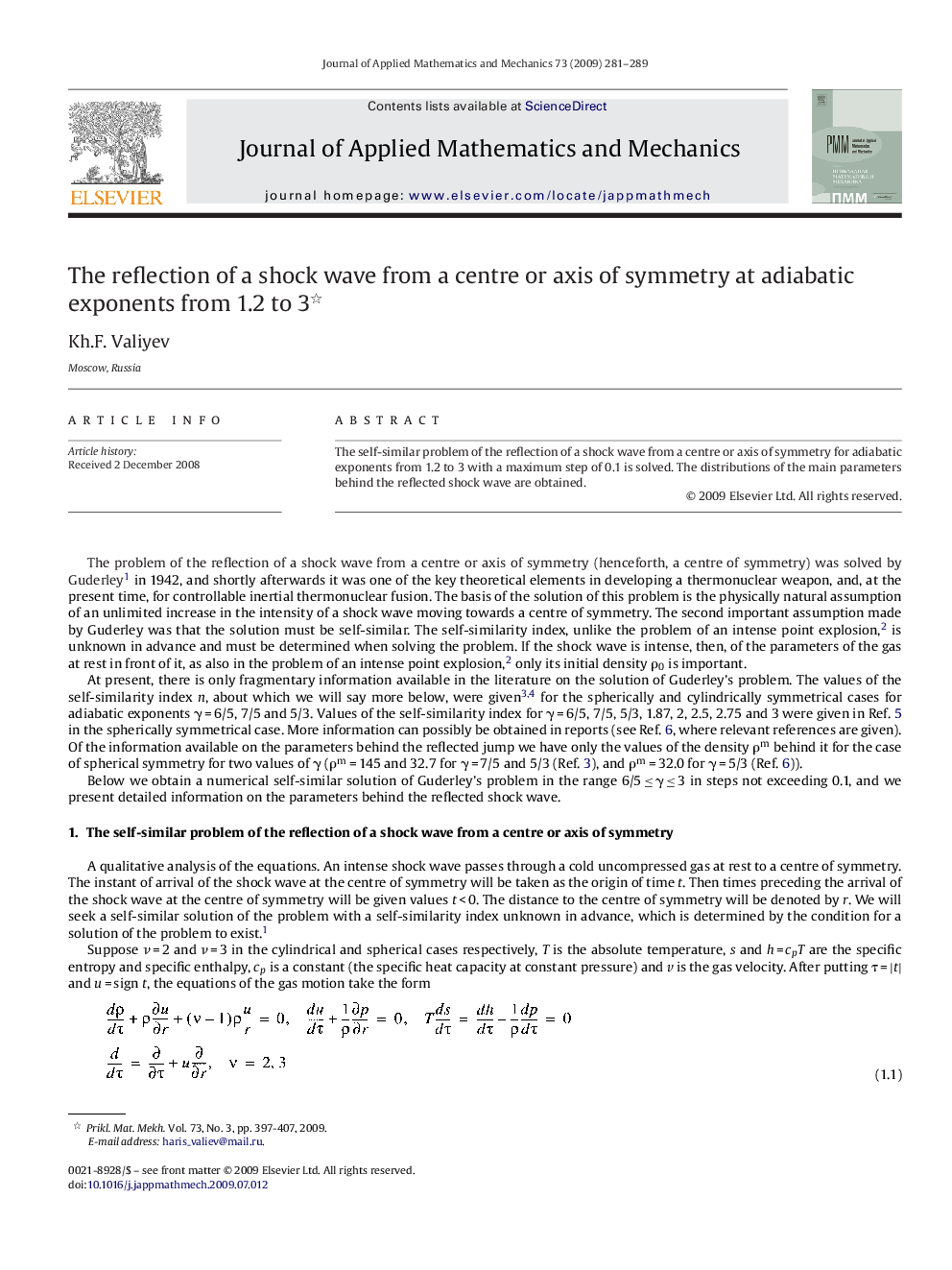 The reflection of a shock wave from a centre or axis of symmetry at adiabatic exponents from 1.2 to 3 