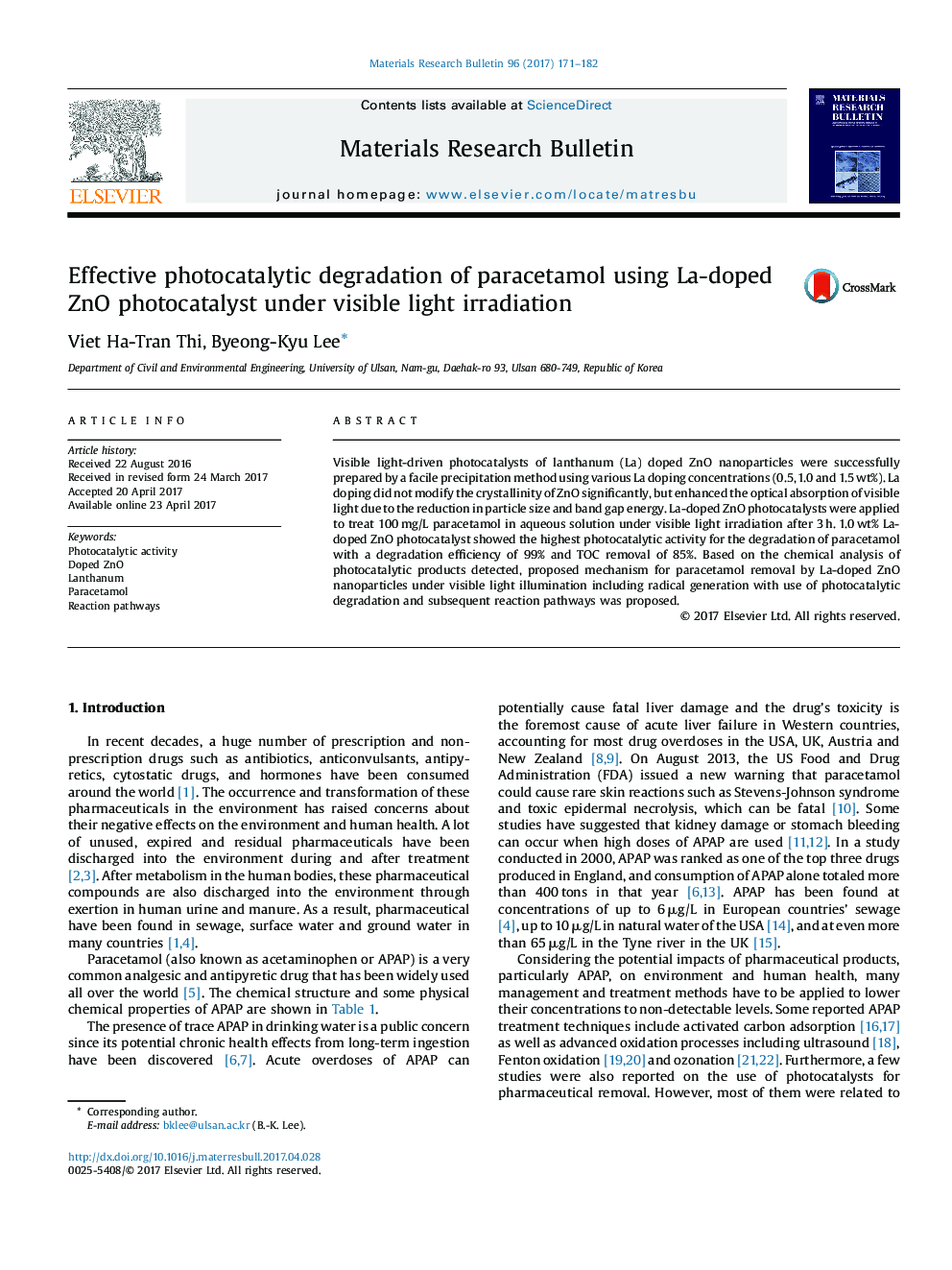 Effective photocatalytic degradation of paracetamol using La-doped ZnO photocatalyst under visible light irradiation