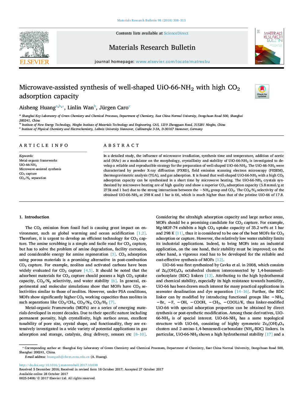 Microwave-assisted synthesis of well-shaped UiO-66-NH2 with high CO2 adsorption capacity