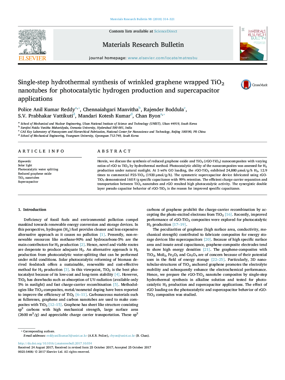 Single-step hydrothermal synthesis of wrinkled graphene wrapped TiO2 nanotubes for photocatalytic hydrogen production and supercapacitor applications