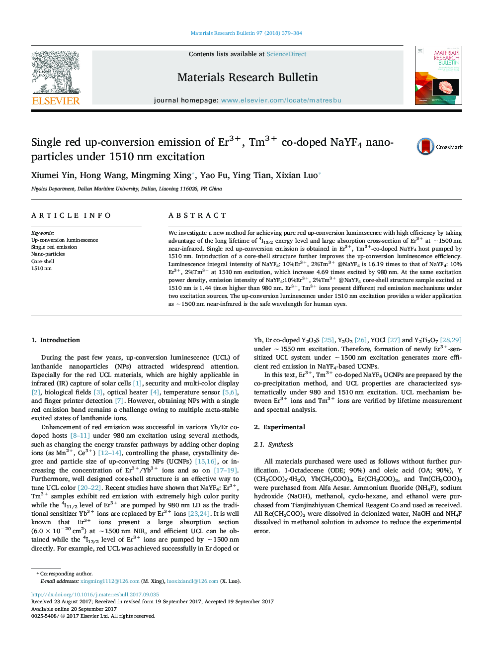 Single red up-conversion emission of Er3+, Tm3+ co-doped NaYF4 nano-particles under 1510Â nm excitation