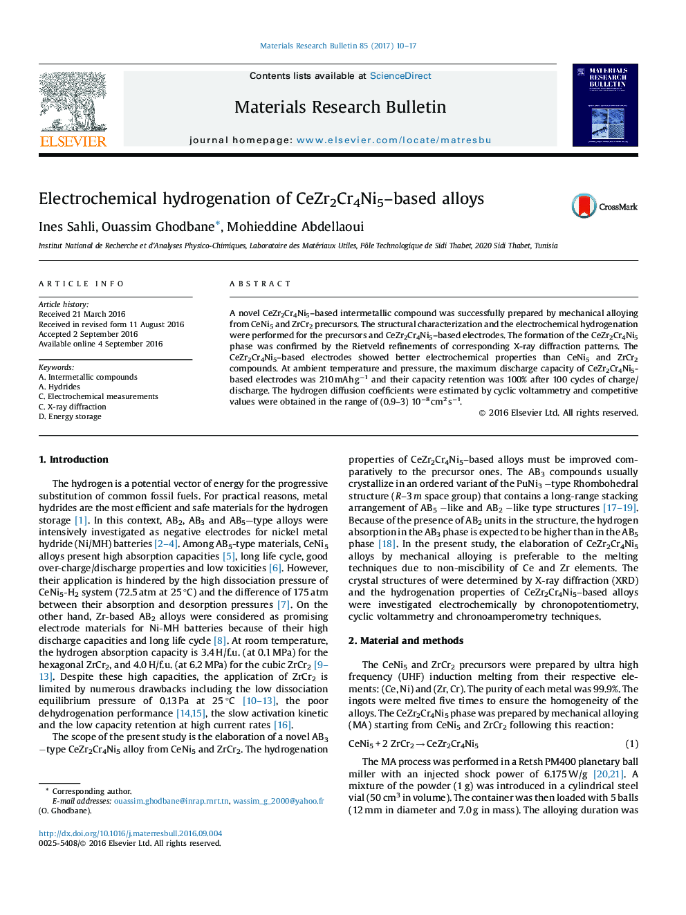 Electrochemical hydrogenation of CeZr2Cr4Ni5-based alloys