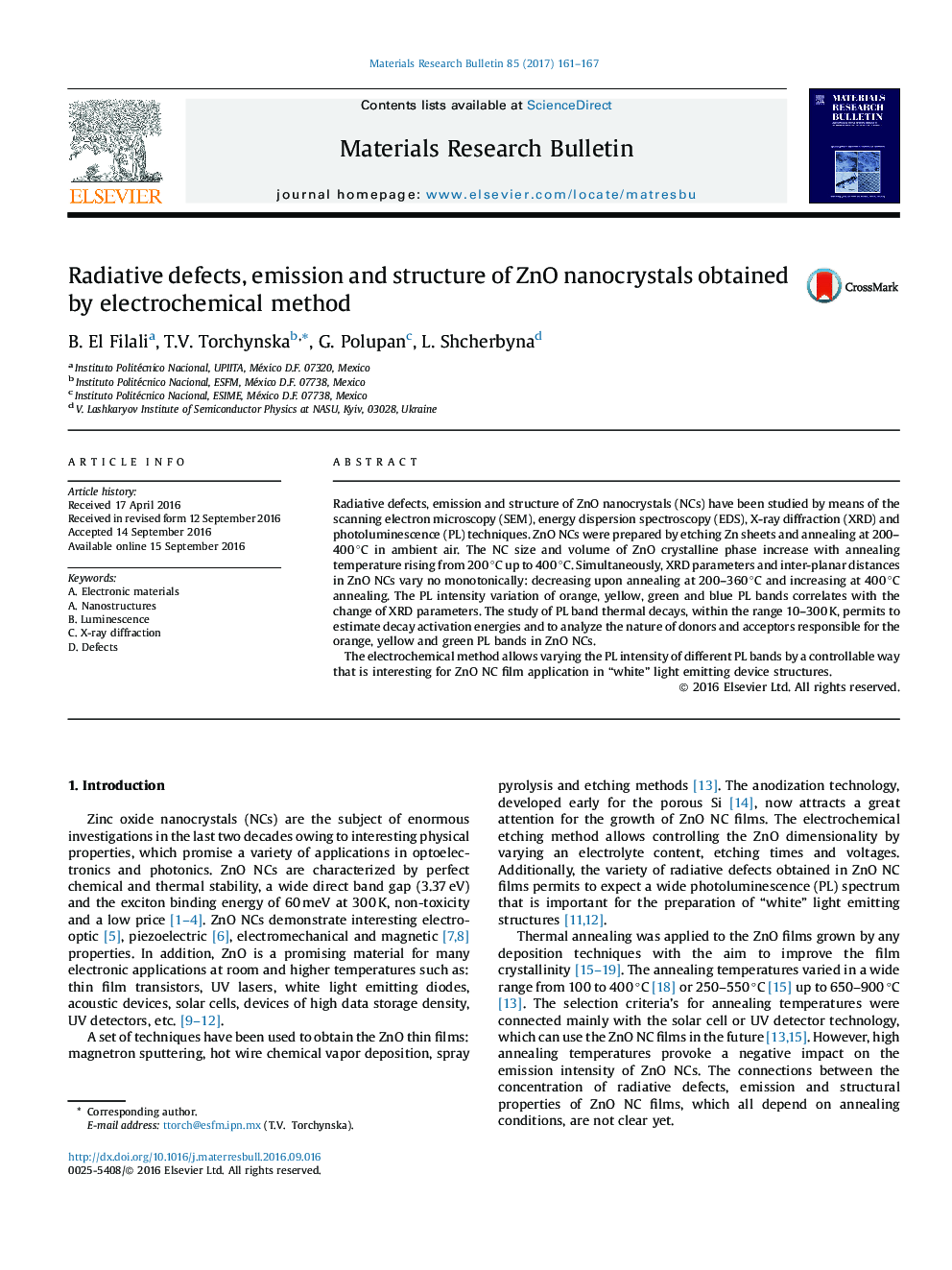 Radiative defects, emission and structure of ZnO nanocrystals obtained by electrochemical method