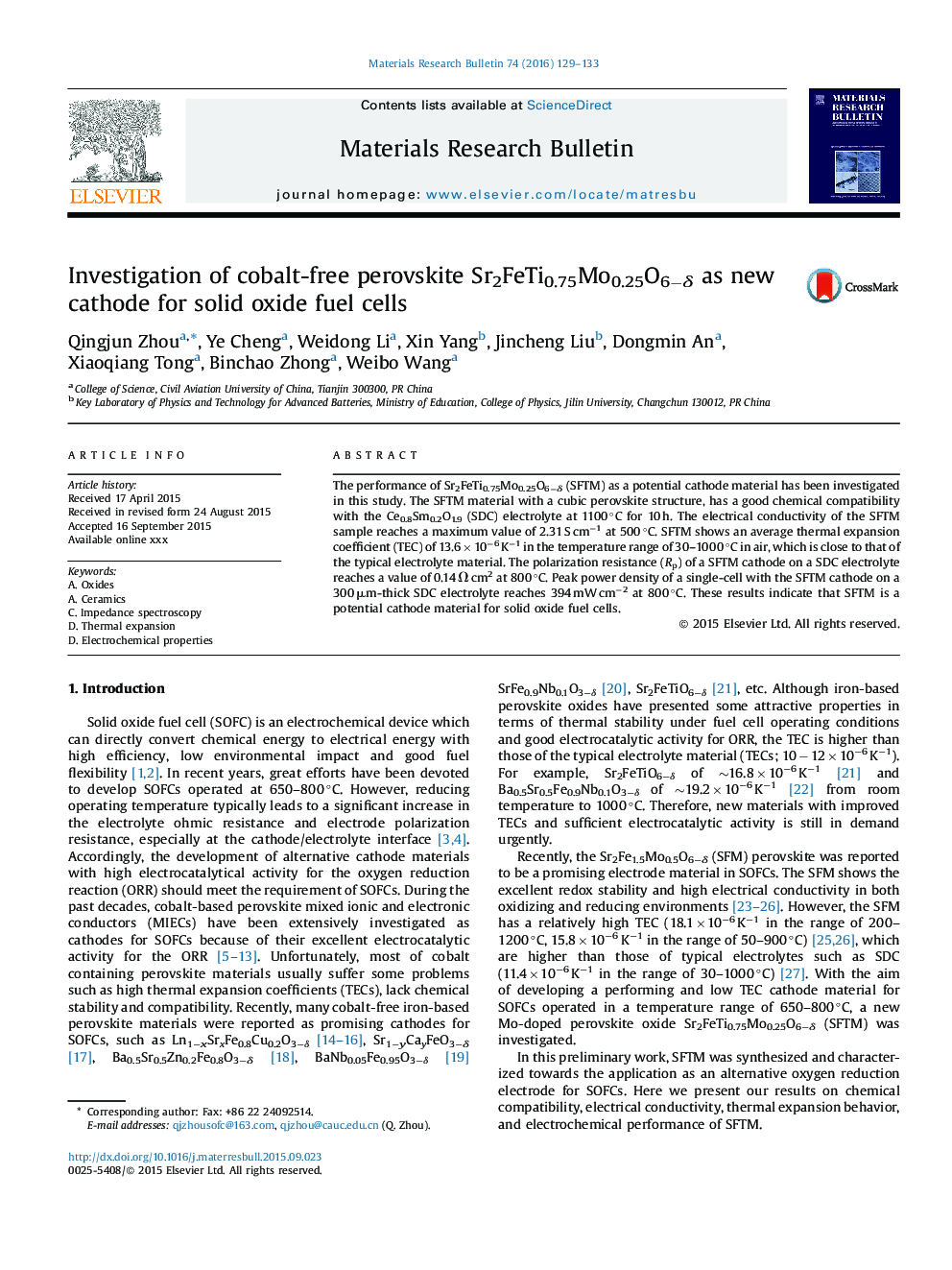 Investigation of cobalt-free perovskite Sr2FeTi0.75Mo0.25O6âÎ´ as new cathode for solid oxide fuel cells