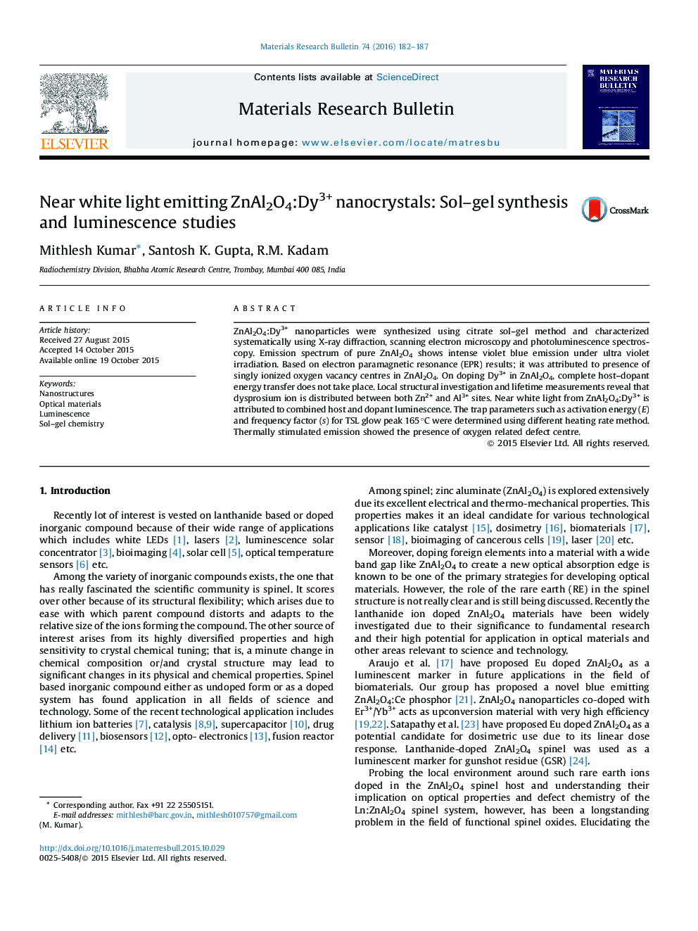 Near white light emitting ZnAl2O4:Dy3+ nanocrystals: Sol-gel synthesis and luminescence studies