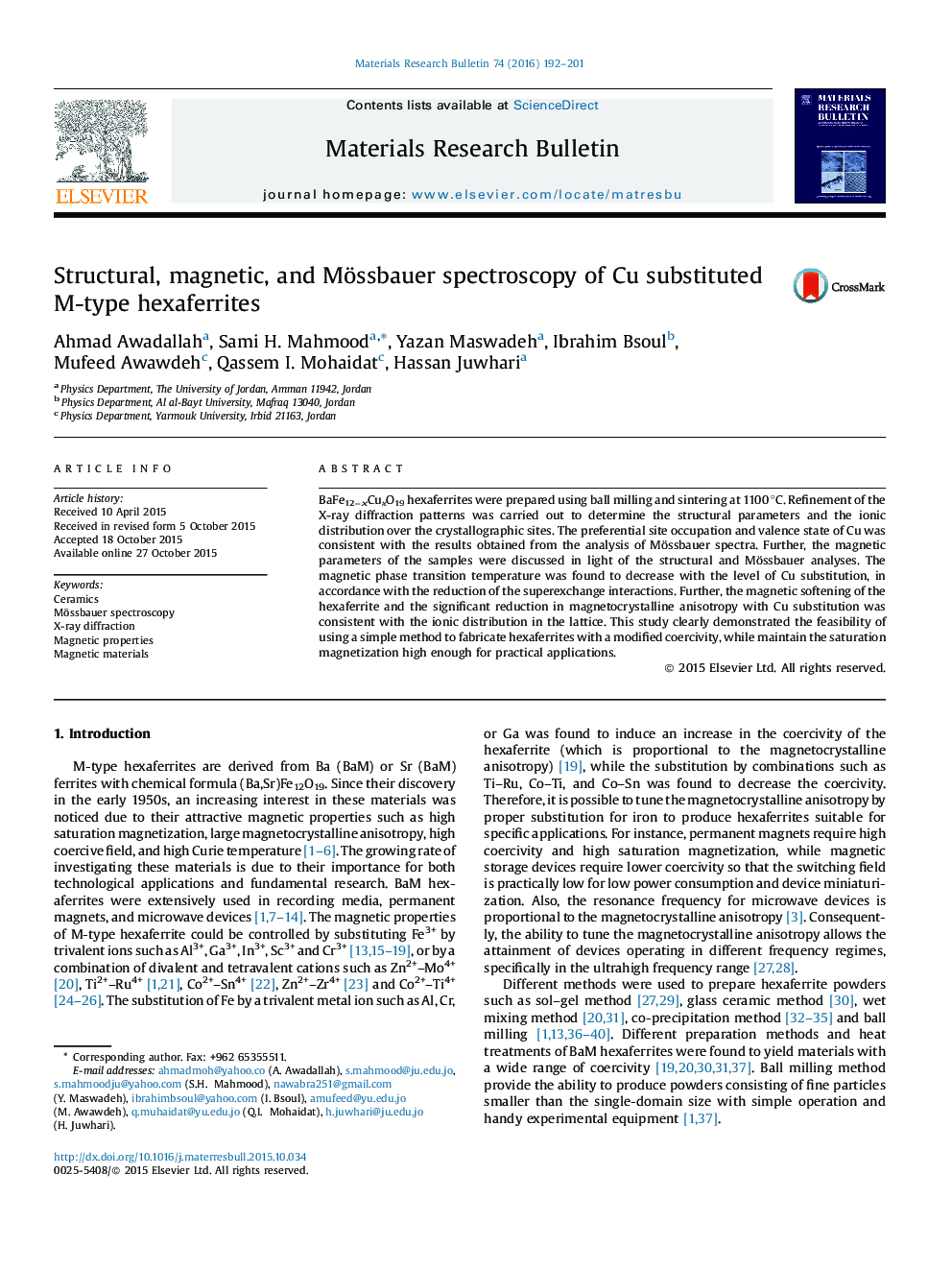 عکس صفحه اول مقاله: Structural, magnetic, and Mössbauer spectroscopy of Cu substituted M-type hexaferrites Structural, magnetic, and Mössbauer spectroscopy of Cu substituted M-type hexaferrites
