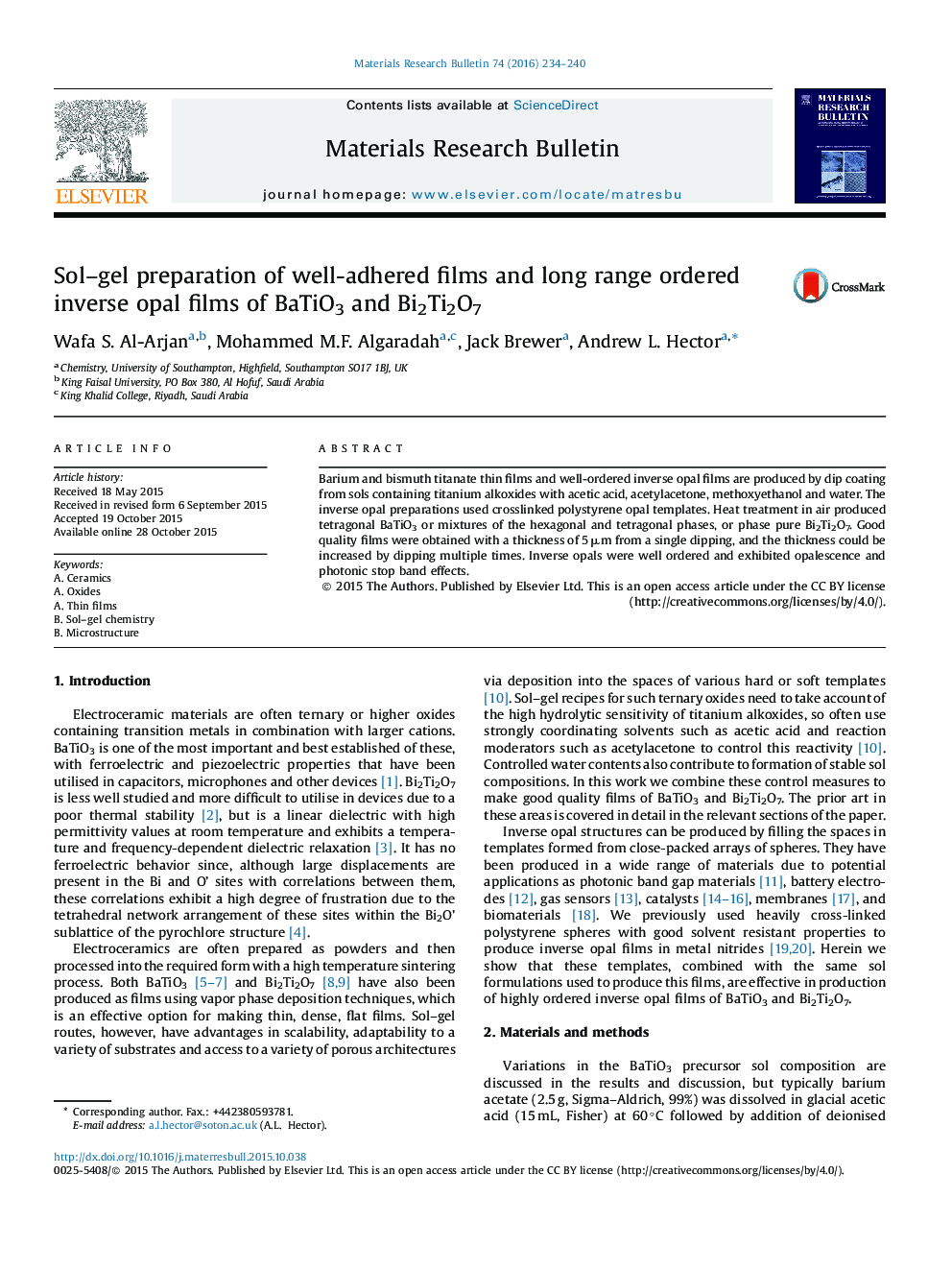 Sol-gel preparation of well-adhered films and long range ordered inverse opal films of BaTiO3 and Bi2Ti2O7