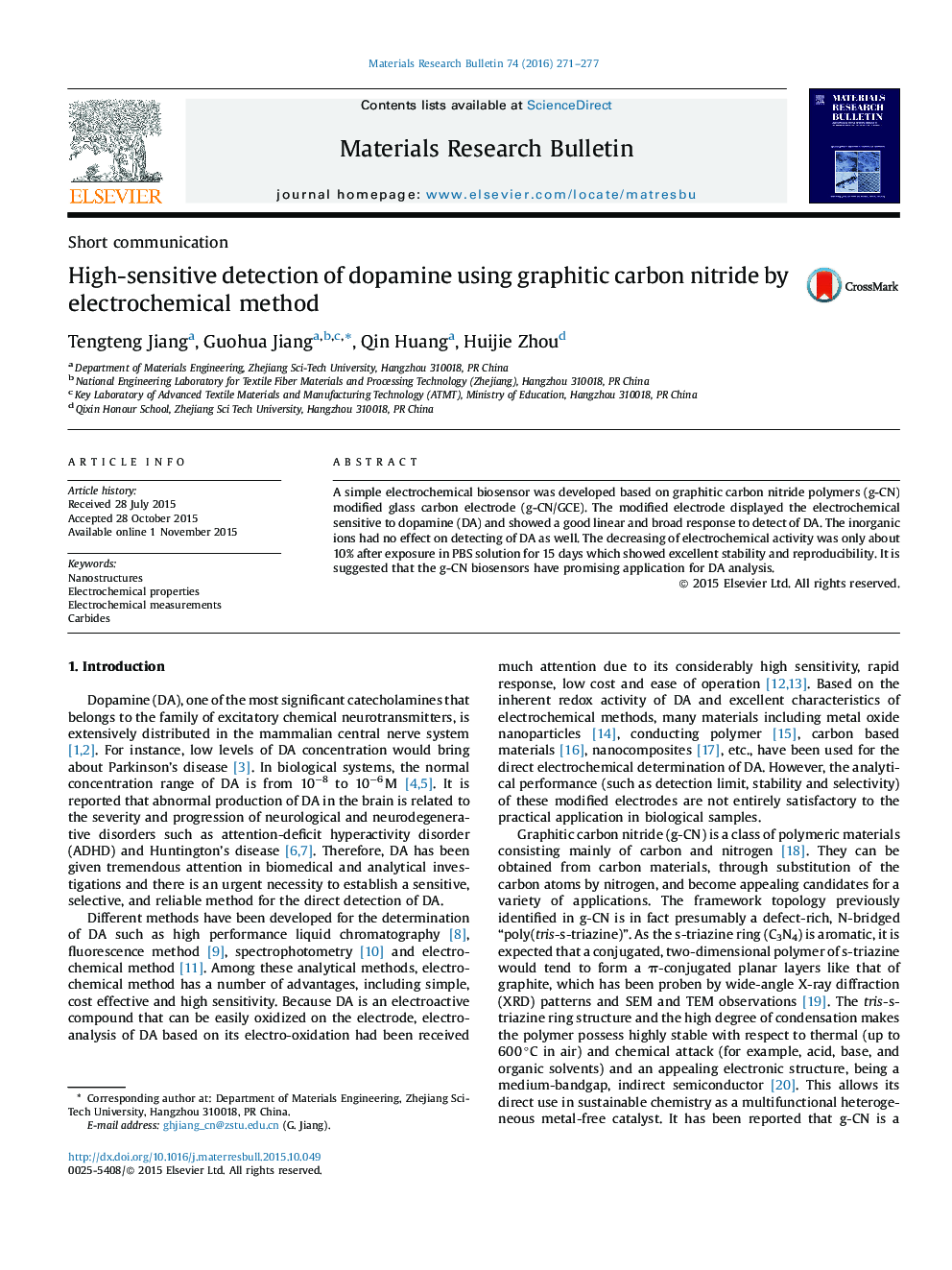High-sensitive detection of dopamine using graphitic carbon nitride by electrochemical method