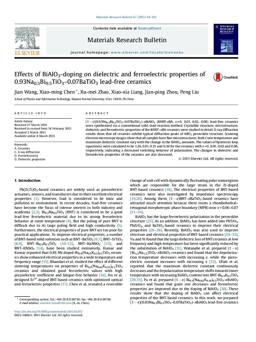 Effects of BiAlO3-doping on dielectric and ferroelectric properties of 0.93Na0.5Bi0.5TiO3-0.07BaTiO3 lead-free ceramics