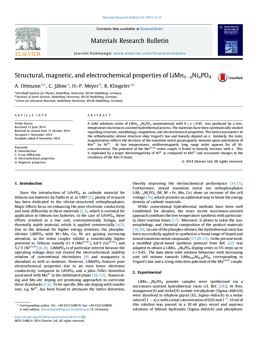 Structural, magnetic, and electrochemical properties of LiMn1âxNixPO4