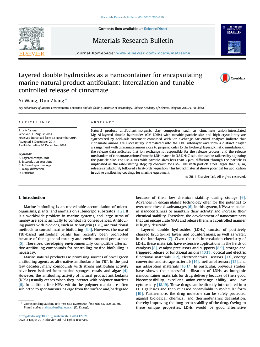 Layered double hydroxides as a nanocontainer for encapsulating marine natural product antifoulant: Intercalation and tunable controlled release of cinnamate