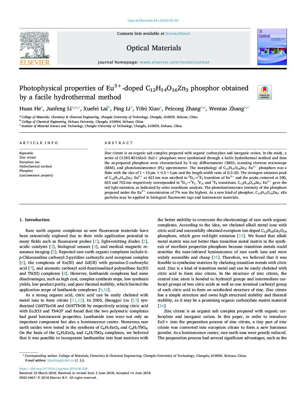 Photophysical properties of Eu3+-doped C12H14O16Zn3 phosphor obtained by a facile hydrothermal method