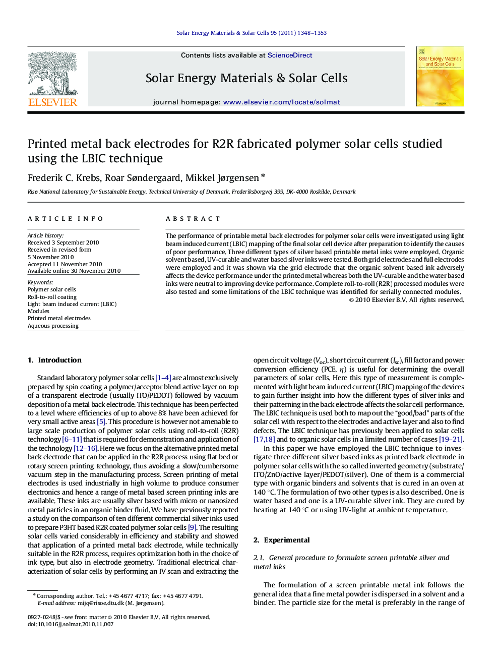 Printed metal back electrodes for R2R fabricated polymer solar cells studied using the LBIC technique