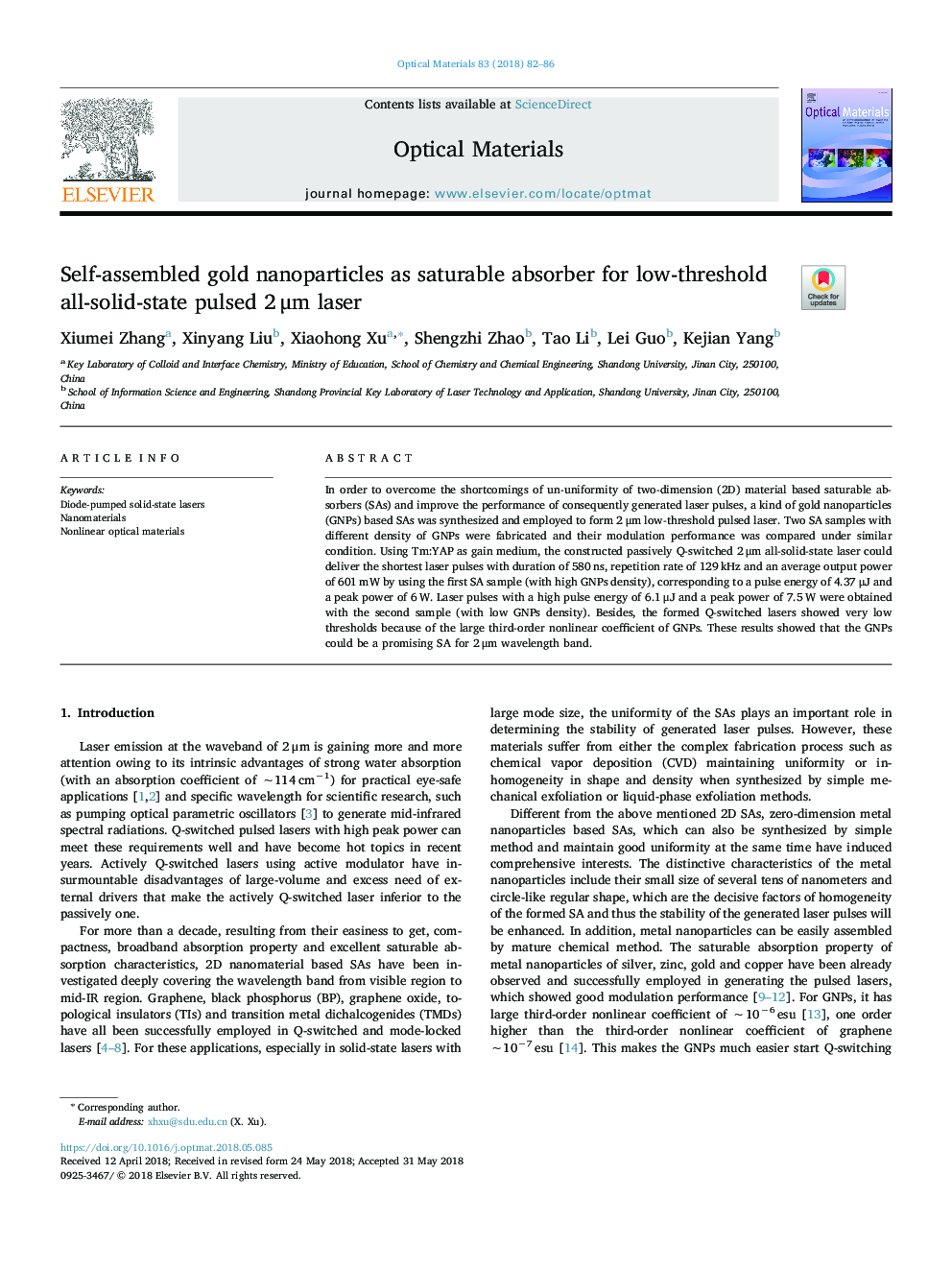 Self-assembled gold nanoparticles as saturable absorber for low-threshold all-solid-state pulsed 2â¯Î¼m laser