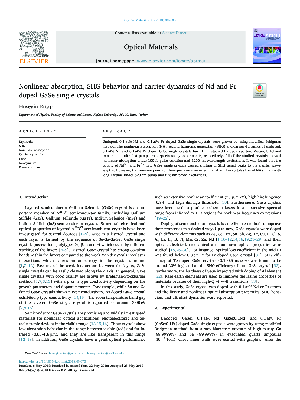 Nonlinear absorption, SHG behavior and carrier dynamics of Nd and Pr doped GaSe single crystals