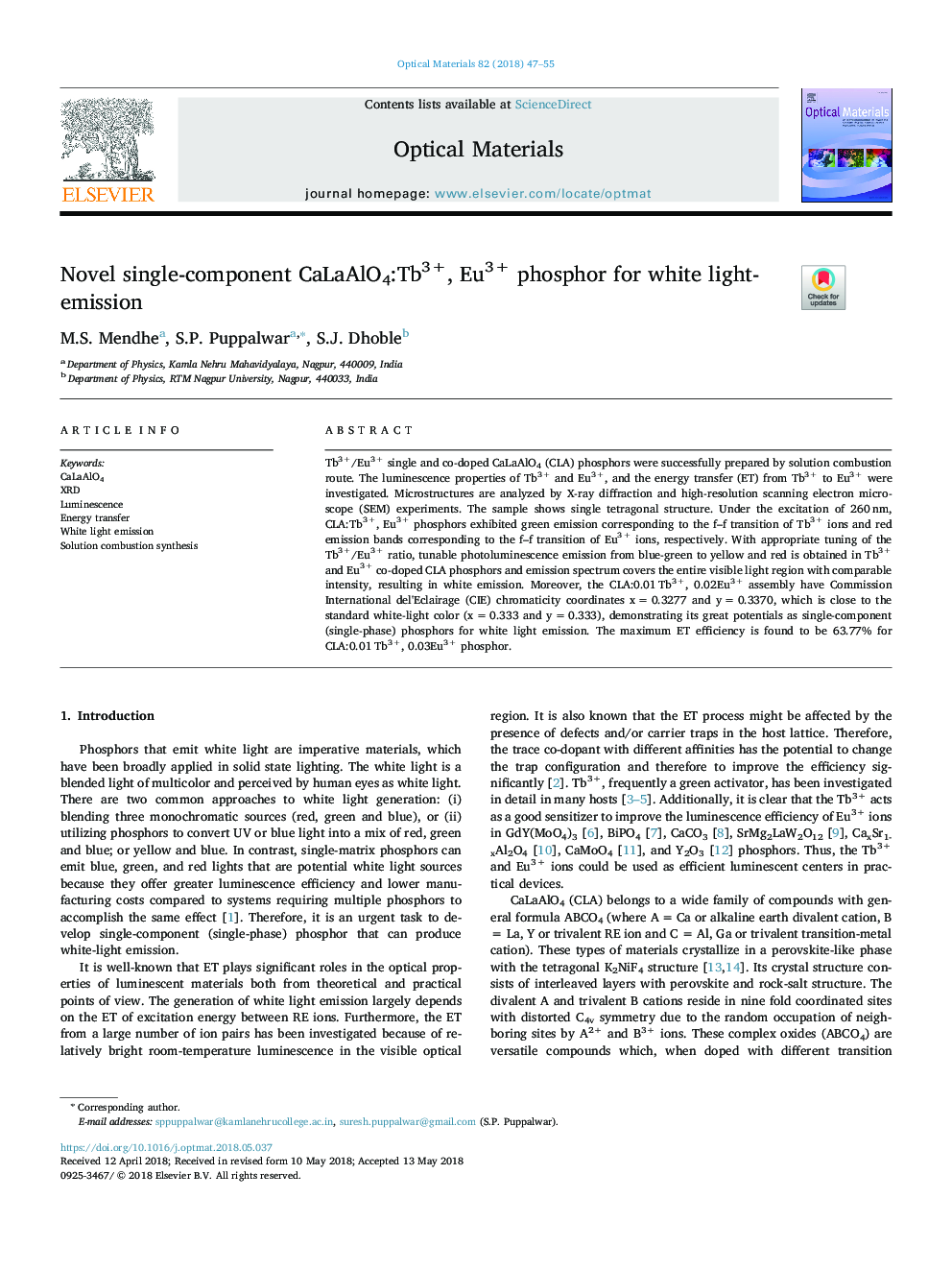 Novel single-component CaLaAlO4:Tb3+, Eu3+ phosphor for white light-emission