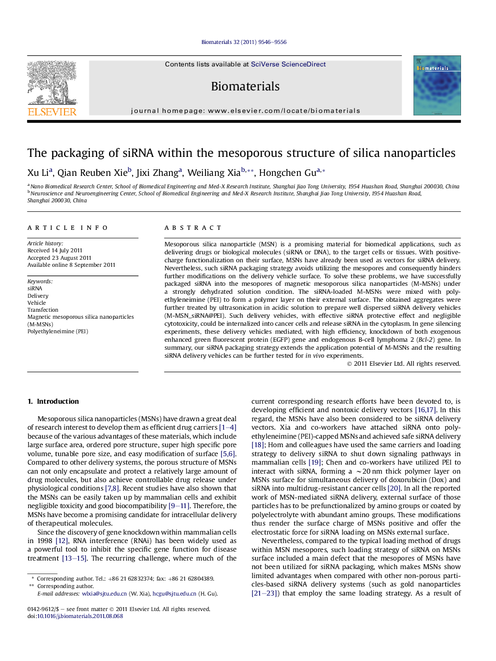 The packaging of siRNA within the mesoporous structure of silica nanoparticles