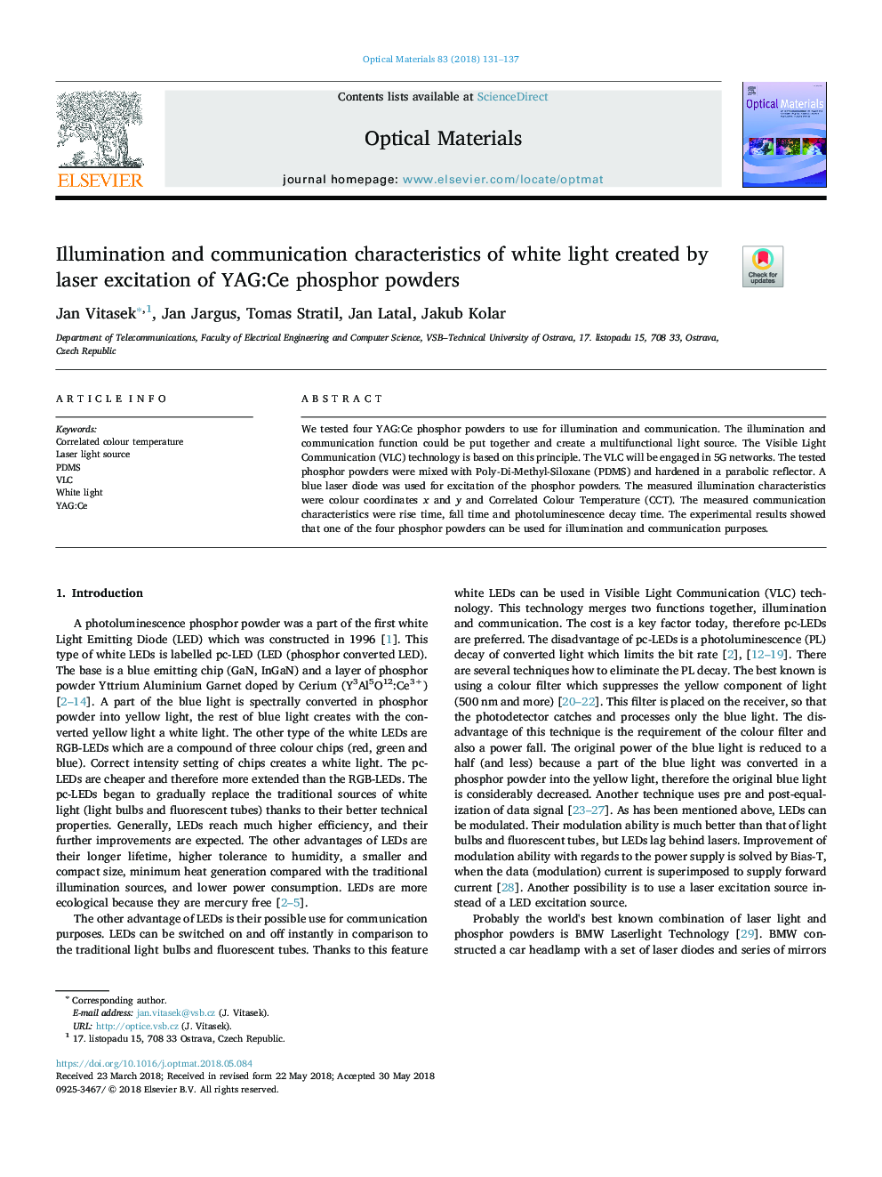 Illumination and communication characteristics of white light created by laser excitation of YAG:Ce phosphor powders
