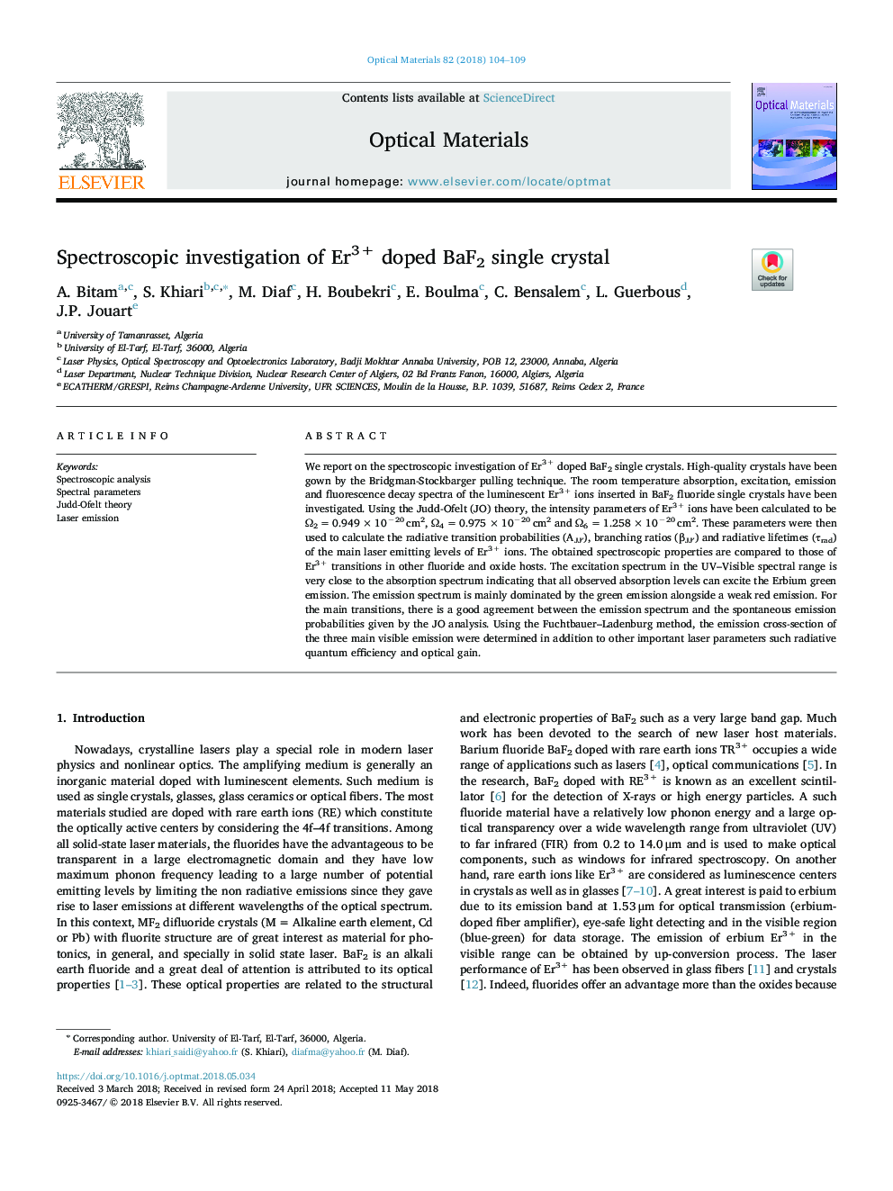 Spectroscopic investigation of Er3+ doped BaF2 single crystal