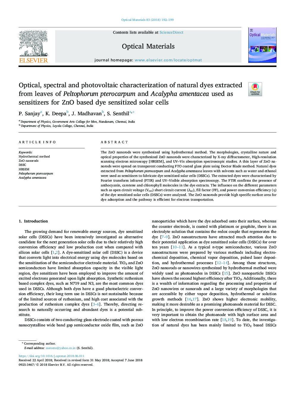 Optical, spectral and photovoltaic characterization of natural dyes extracted from leaves of Peltophorum pterocarpum and Acalypha amentacea used as sensitizers for ZnO based dye sensitized solar cells