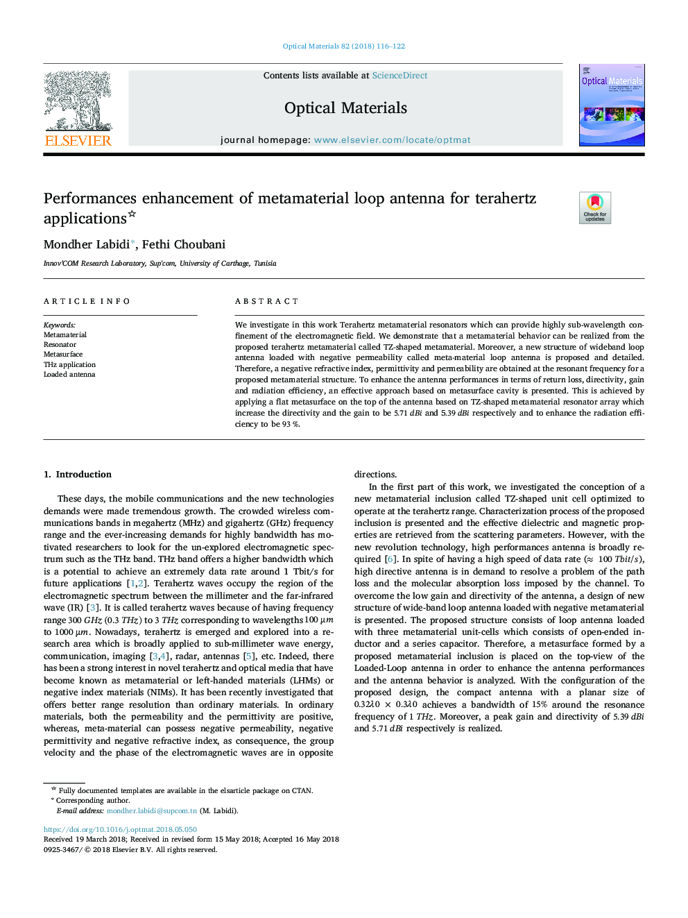 Performances enhancement of metamaterial loop antenna for terahertz applications