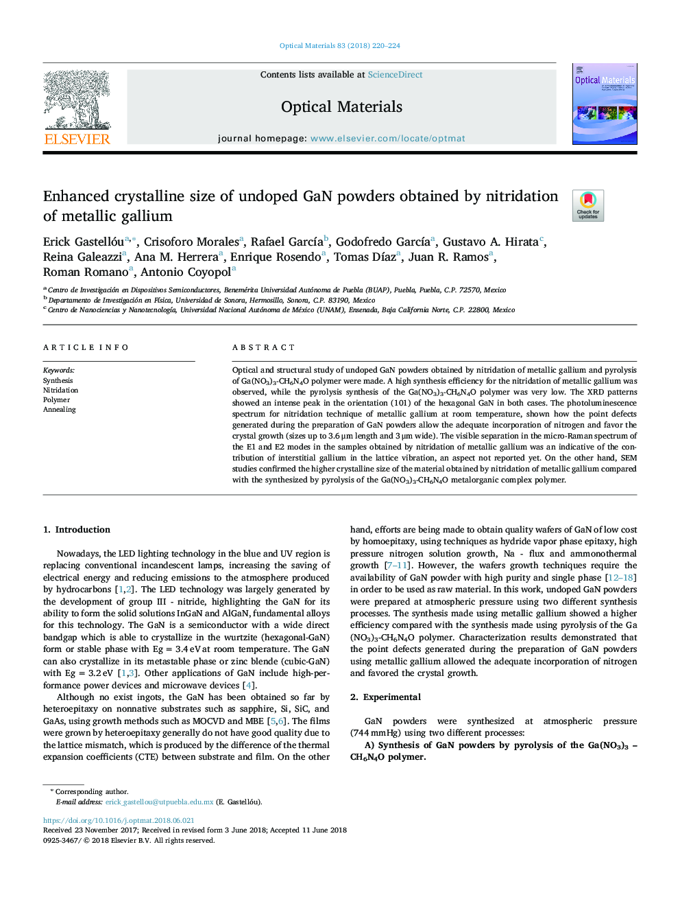 Enhanced crystalline size of undoped GaN powders obtained by nitridation of metallic gallium