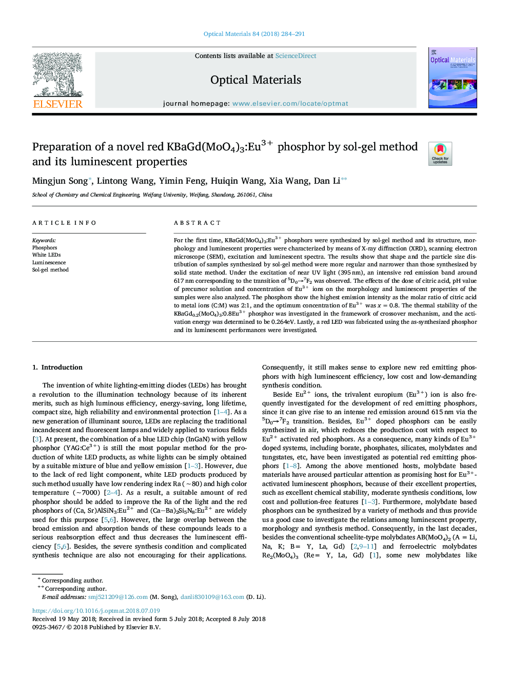 Preparation of a novel red KBaGd(MoO4)3:Eu3+ phosphor by sol-gel method and its luminescent properties