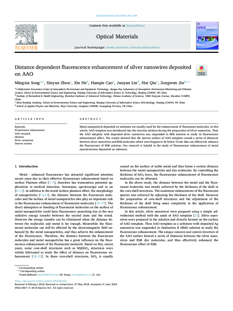 Distance dependent fluorescence enhancement of silver nanowires deposited on AAO