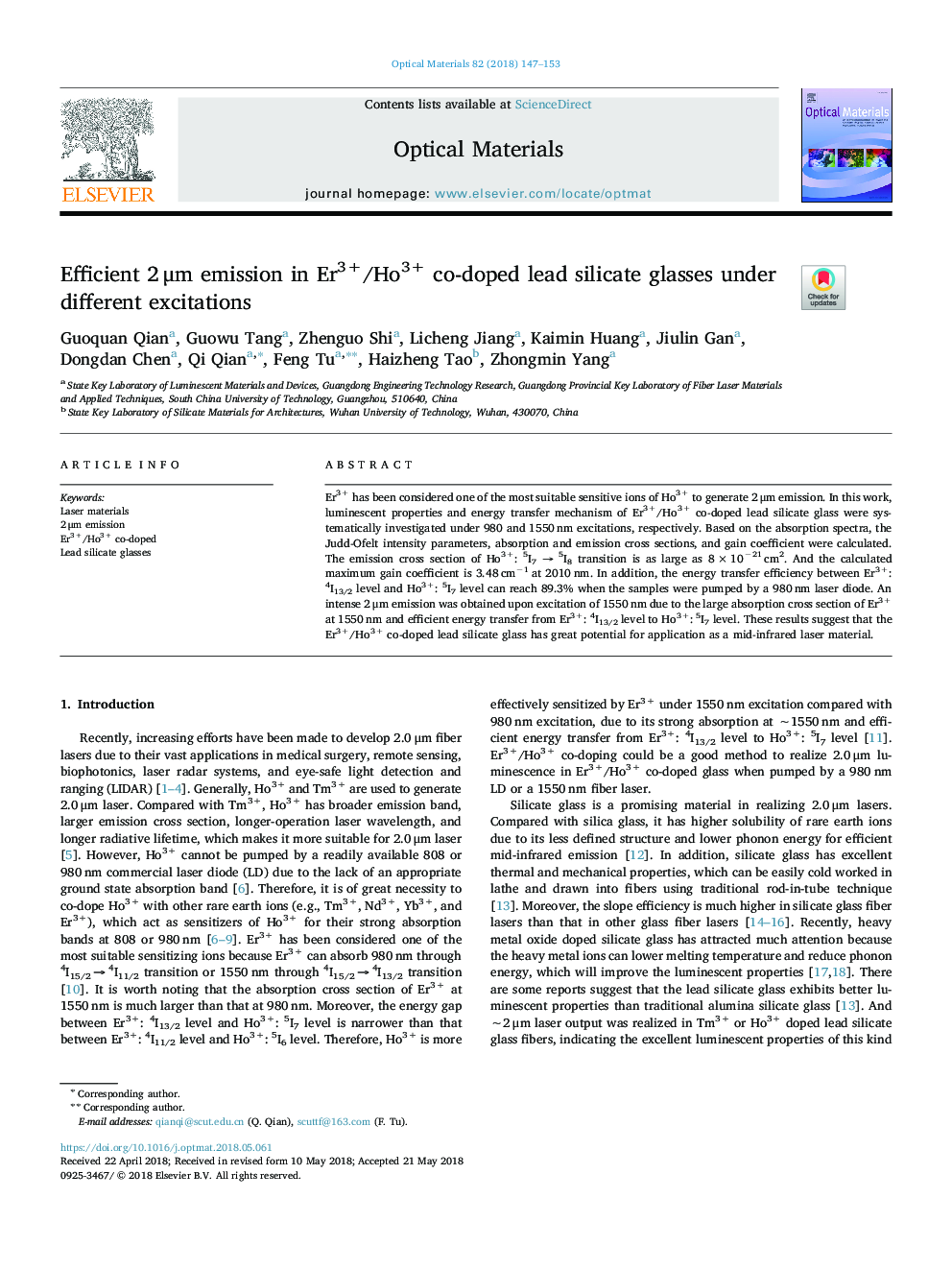 Efficient 2â¯Î¼m emission in Er3+/Ho3+ co-doped lead silicate glasses under different excitations