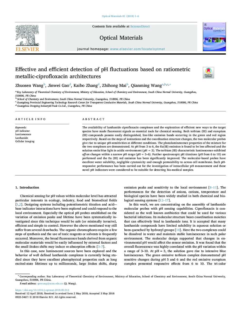 Effective and efficient detection of pH fluctuations based on ratiometric metallic-ciprofloxacin architectures