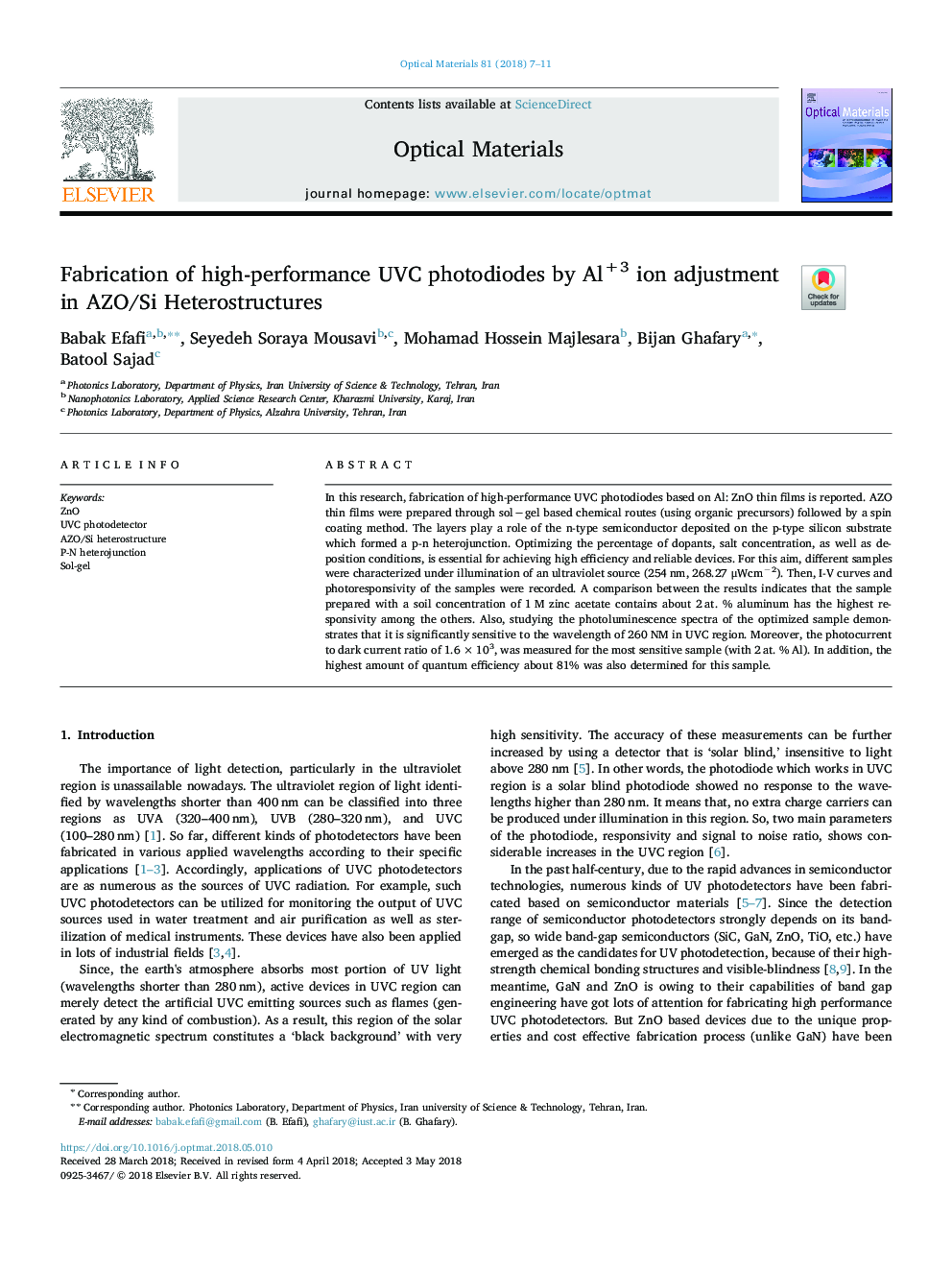 عکس صفحه اول مقاله: Fabrication of high-performance UVC photodiodes by Al+3 ion adjustment in AZO/Si Heterostructures Fabrication of high-performance UVC photodiodes by Al+3 ion adjustment in AZO/Si Heterostructures