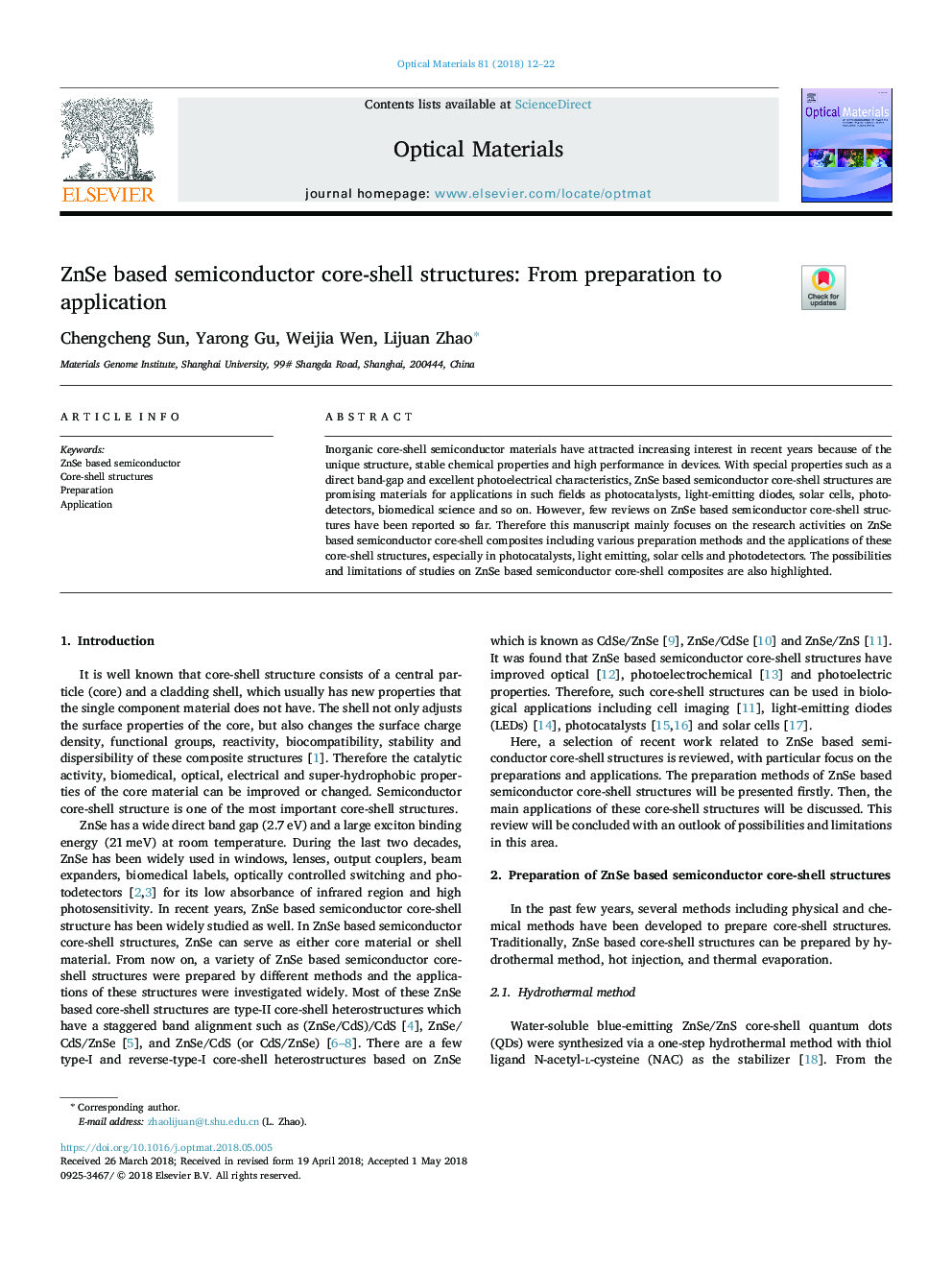 ZnSe based semiconductor core-shell structures: From preparation to application