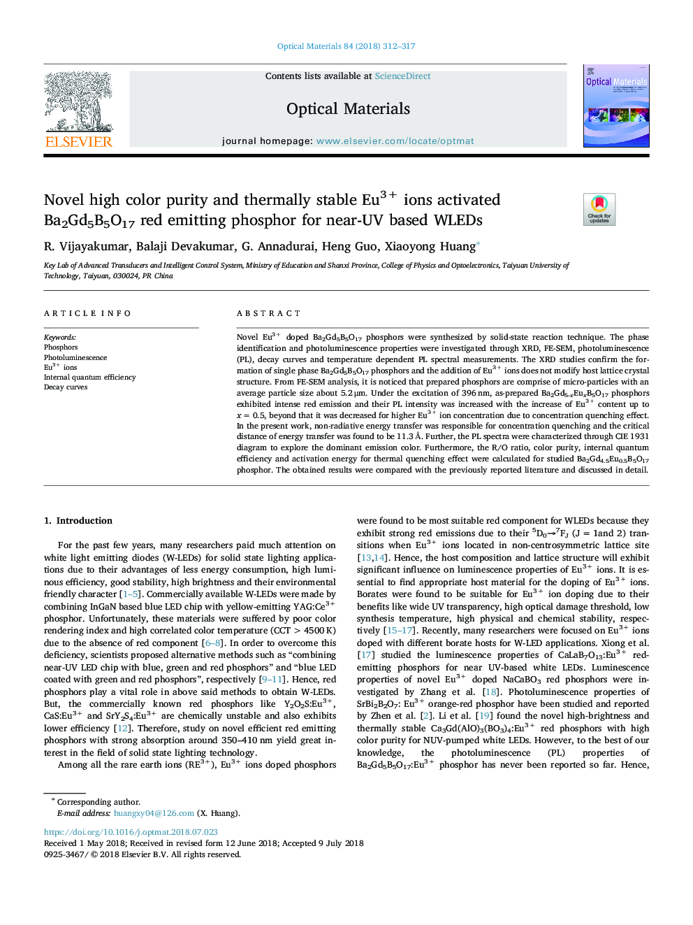 Novel high color purity and thermally stable Eu3+ ions activated Ba2Gd5B5O17 red emitting phosphor for near-UV based WLEDs