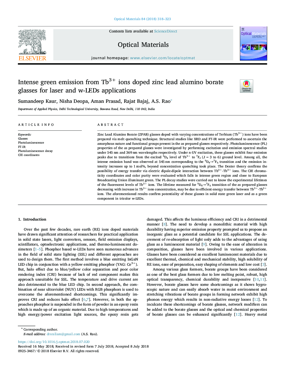 Intense green emission from Tb3+ ions doped zinc lead alumino borate glasses for laser and w-LEDs applications