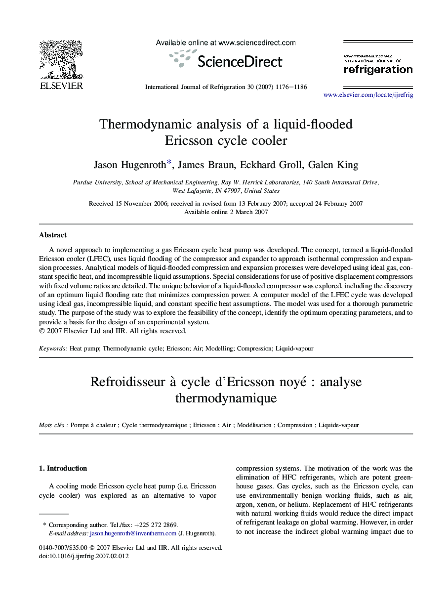 Thermodynamic analysis of a liquid-flooded Ericsson cycle cooler