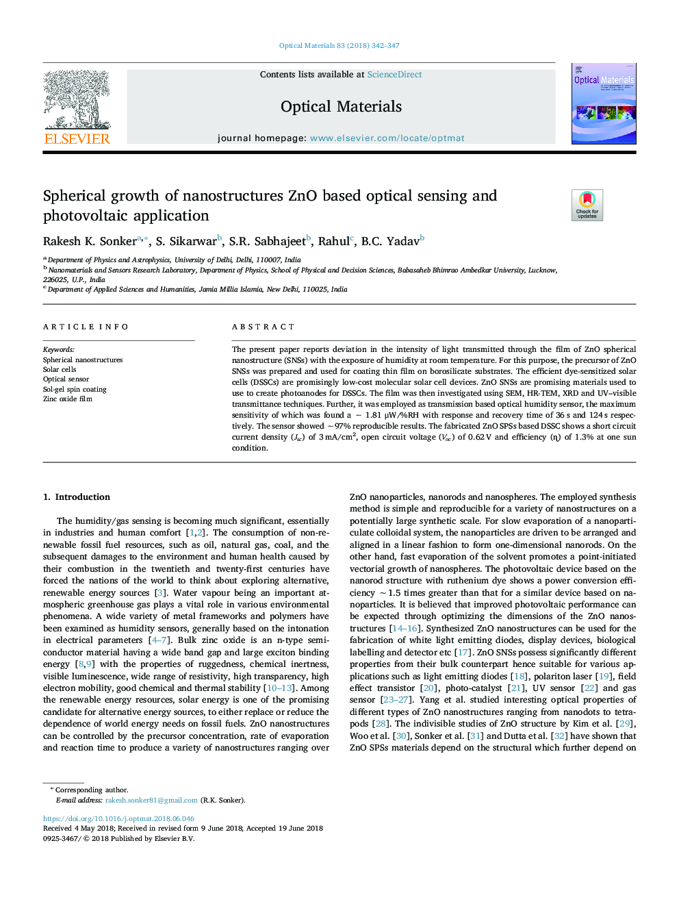 Spherical growth of nanostructures ZnO based optical sensing and photovoltaic application